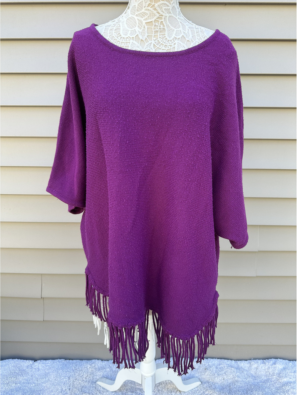 NY Collection Purple Fringe Poncho Top
